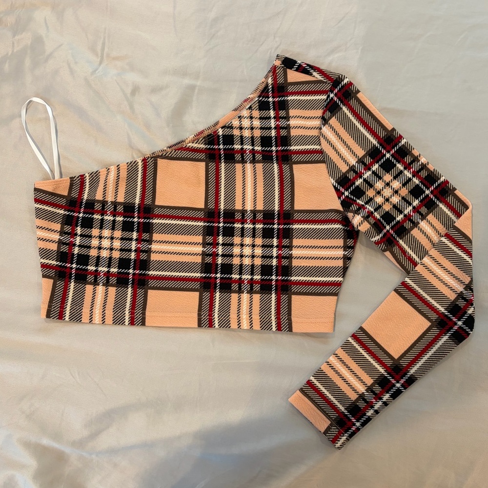 SHEIN Peach Plaid One-Shoulder Knit Top